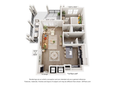 A 3D floor plan of a one-bedroom apartment.